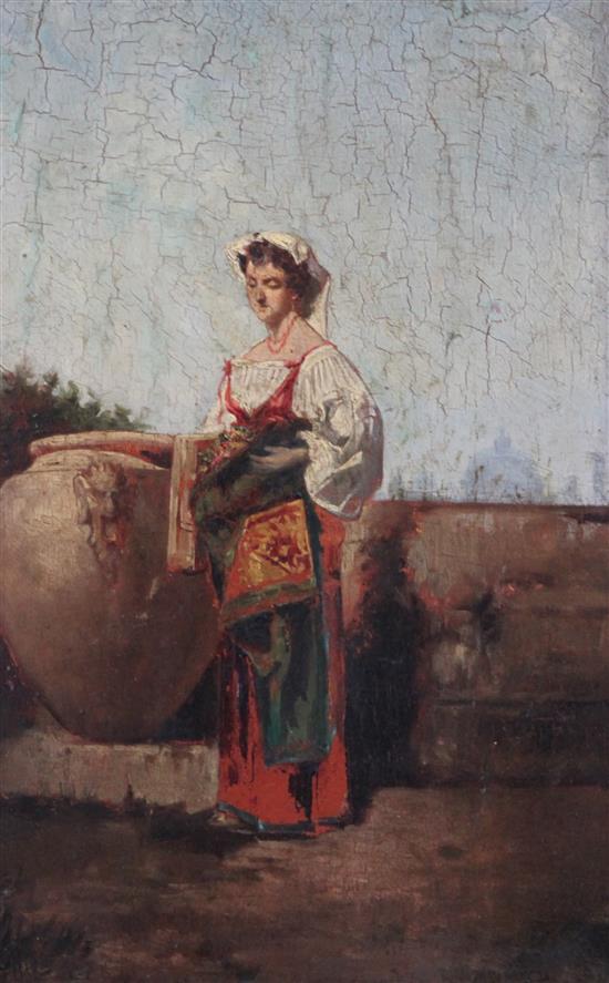 M Fortuny Woman on a terrace beside an urn, 11.5 x 7.25in.